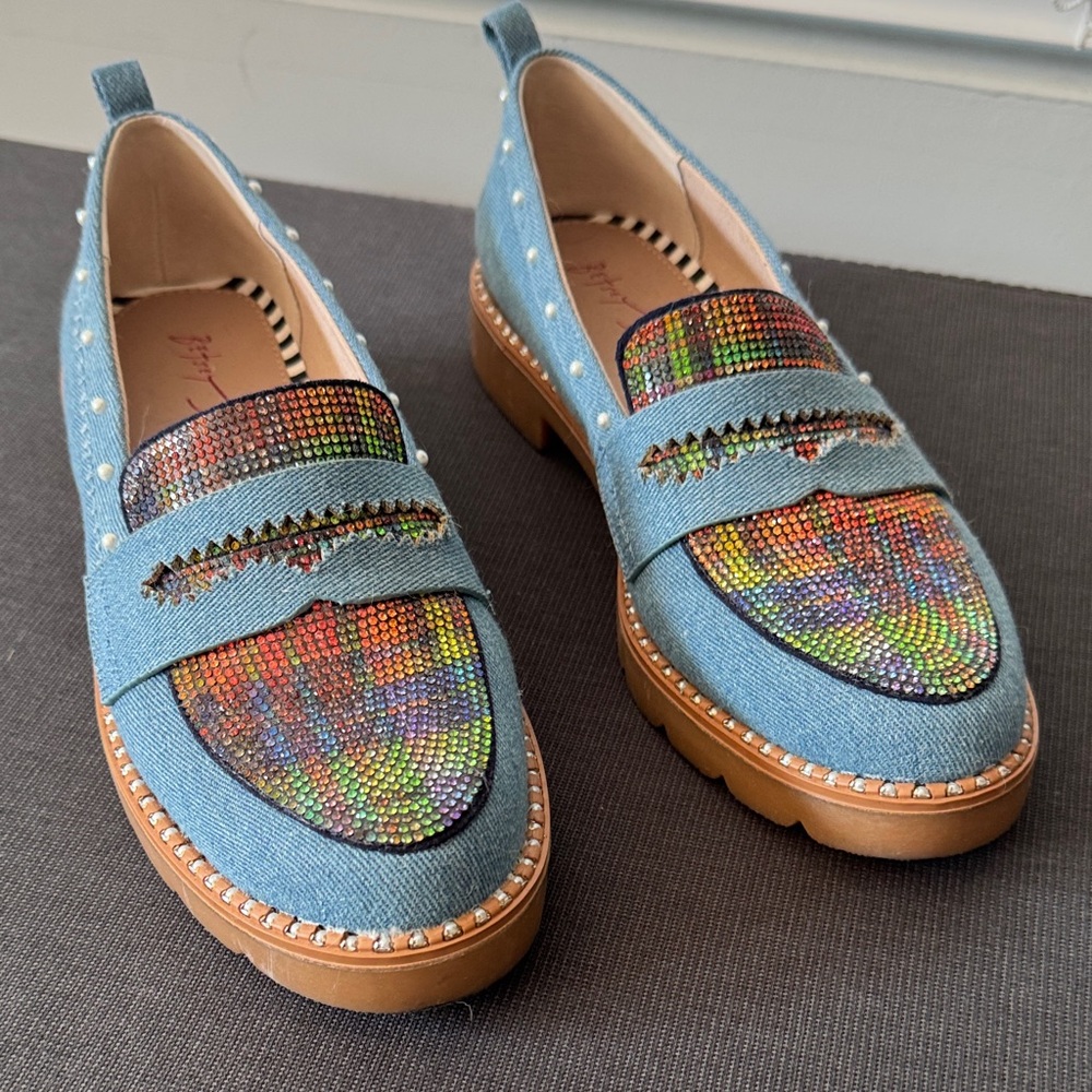 Betsey Johnson Colorful Denim Flats with Pearl Detail